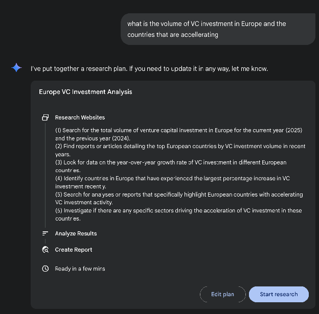 图 1：Google 深度研究智能体生成执行计划，使用 Google 搜索作为工具。