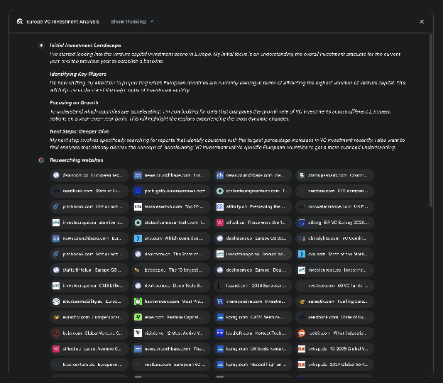 图 2：深度研究计划执行示例，展示使用 Google 搜索作为工具搜索各种网络来源的过程。